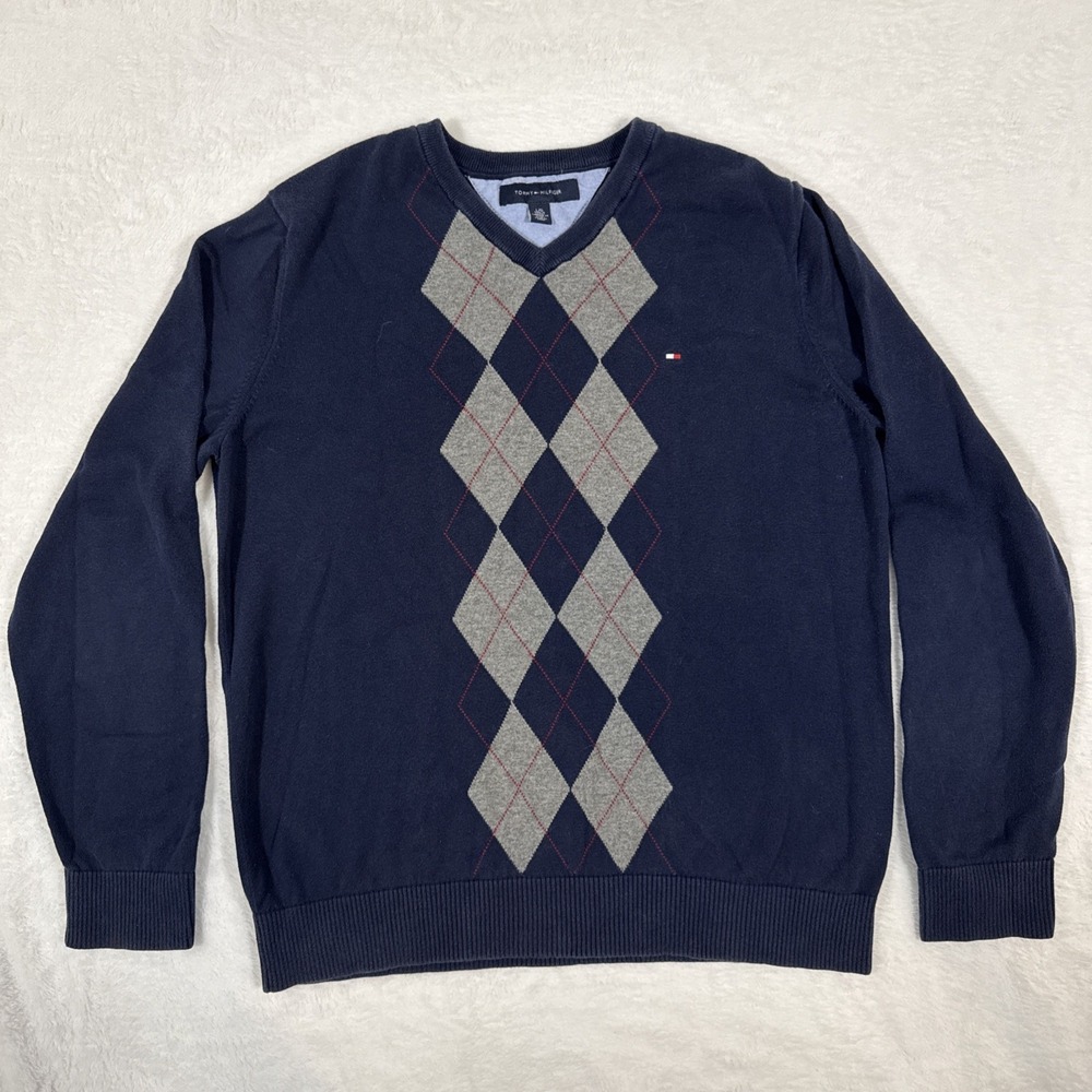 Tommy Hilfiger Sweater Mens Large Navy Blue Excellent Argyle‎ V-Neck Knit Logo